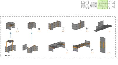 The image presents an architectural diagram illustrating a modular construction system. It showcases