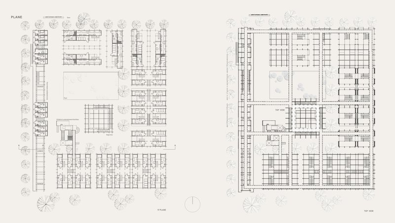 Detailed sectional and elevation views showcasing structural layering, communal spaces, and play areas.