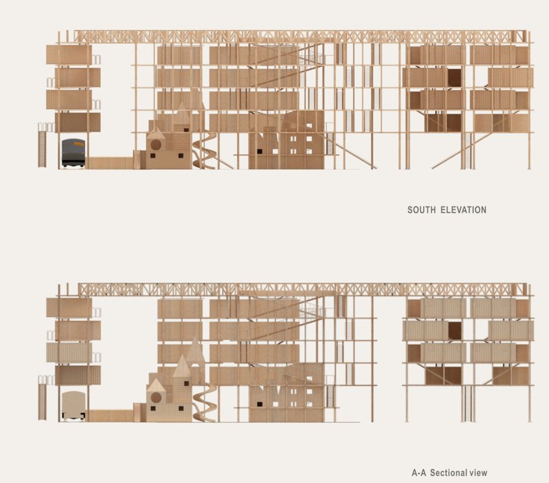 South elevation and sectional view reveal interior spatial layering, play spaces, and modular container stacking across levels.