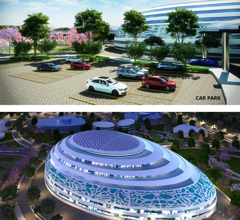 Functional zones blend with natural elements, while illuminated facades symbolize care, comfort, and modernity.