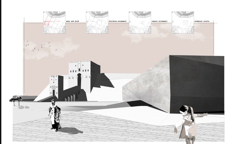 Perspective view illustrating the monumental stone-clad structure and its relationship with the citadel.