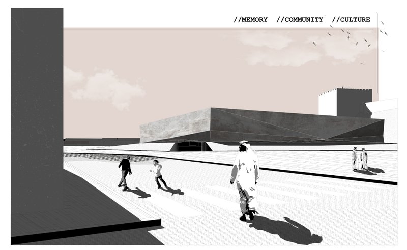 Section drawing showing spatial flow, courtyard system, and the layering of functions above and below ground.