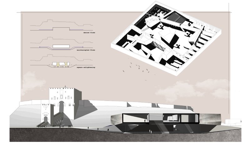 Open plaza invites community interaction while framing the solemn architecture in t he background.