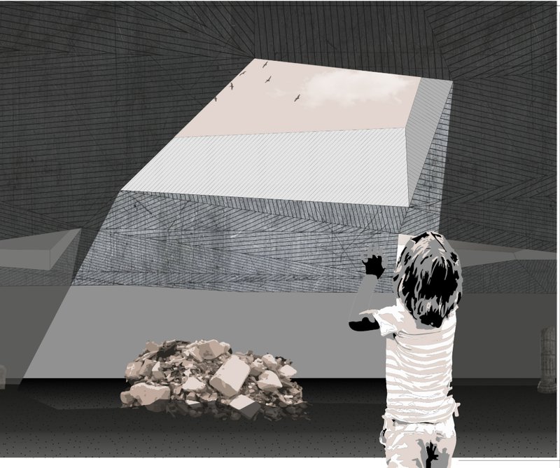 Interior of the underground square where light wells highlight symbolic rubble installations.
