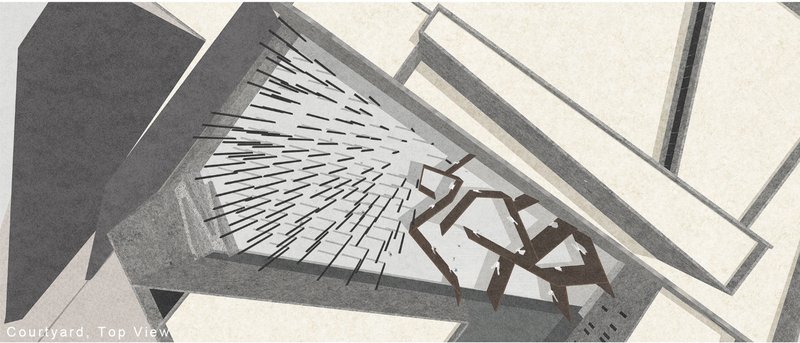 Top-down view of a courtyard showing timber decking radiating from a central angular sculpture