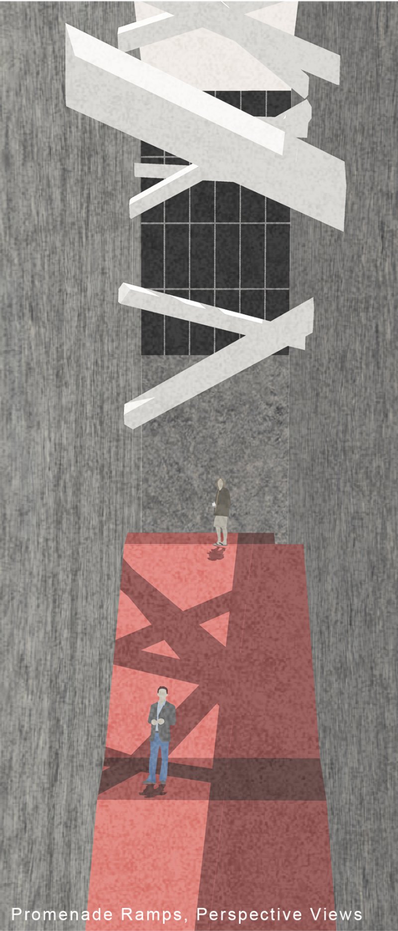 Section drawing showing zigzagging ramps in red with two figures ascending beneath a geometric canopy