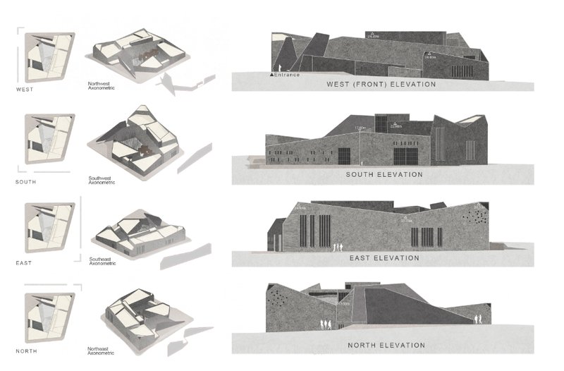 Elevation drawings showing all four facades with accompanying axonometric diagrams of massing and roof volumes