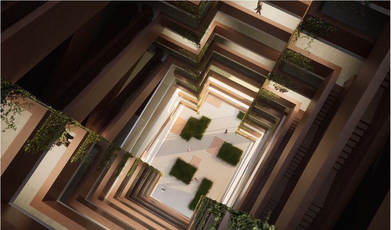 A sunlit central void enhances vertical transparency and natural light flow, creating a vibrant interior courtyard.
