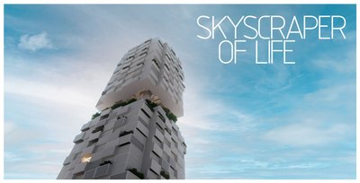 The image showcases a modern skyscraper design, characterized by its geometric facade and modular co