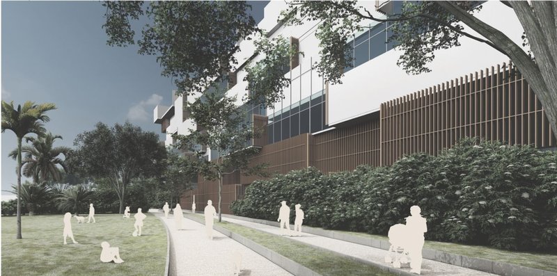 A public green space blending pedestrian pathways with shaded community zones.