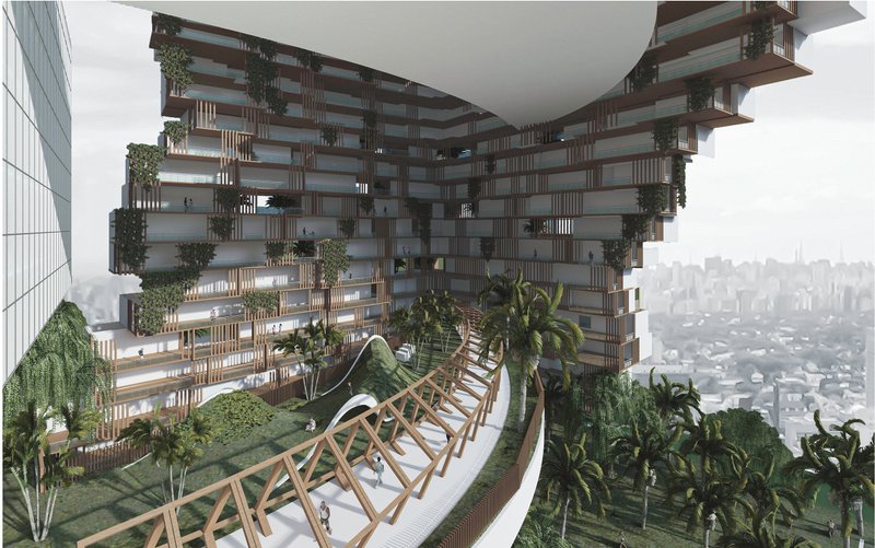Elevated green promenade connects residents while framing panoramic views of São Paulo.