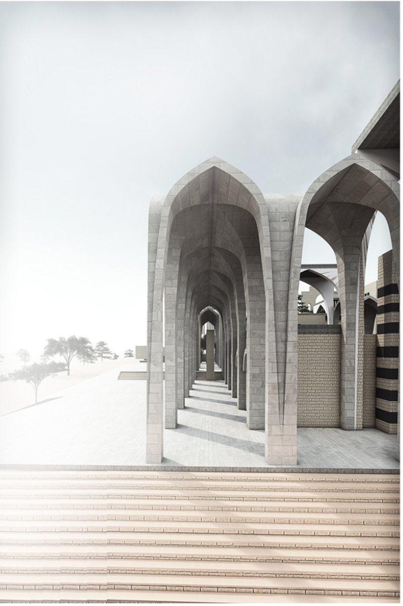 Colonnade of pointed concrete arches creating a receding covered walkway above wide tiled steps