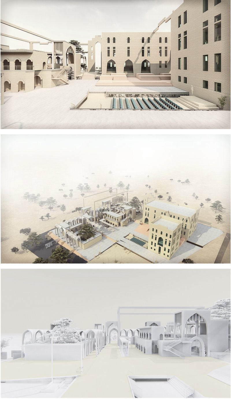 Three rendered views showing a courtyard with arched openings and white architectural model perspectives