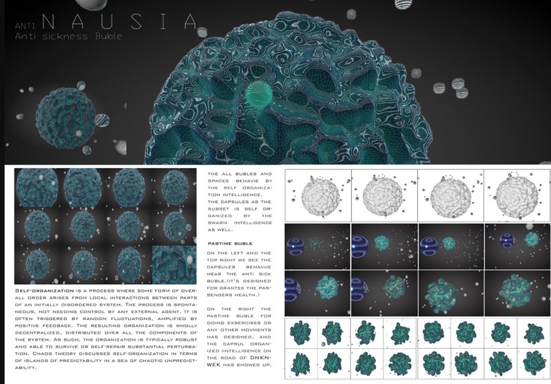 Adaptive bubble countering motion sickness through decentralized, swarm-based behavior and sensory stabilization.