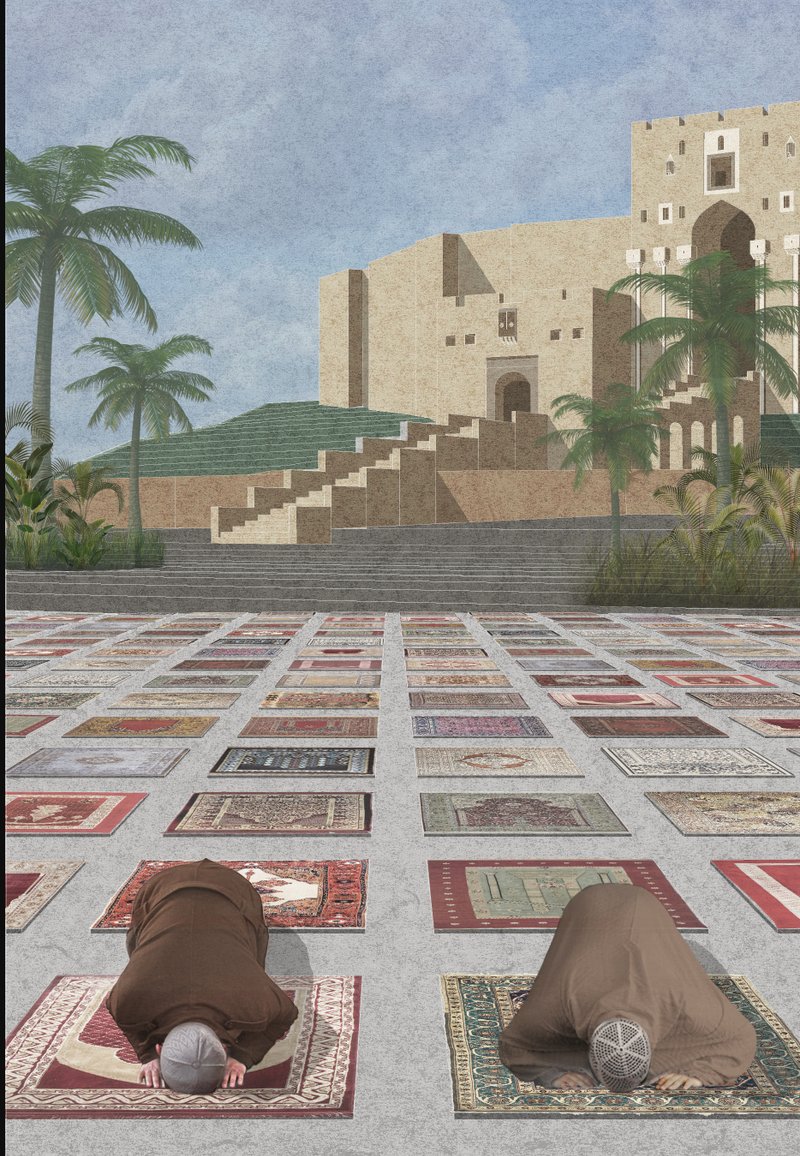 A reimagined mosque plaza reclaims the memory of communal worship, embedding prayer into the renewed urban landscape.