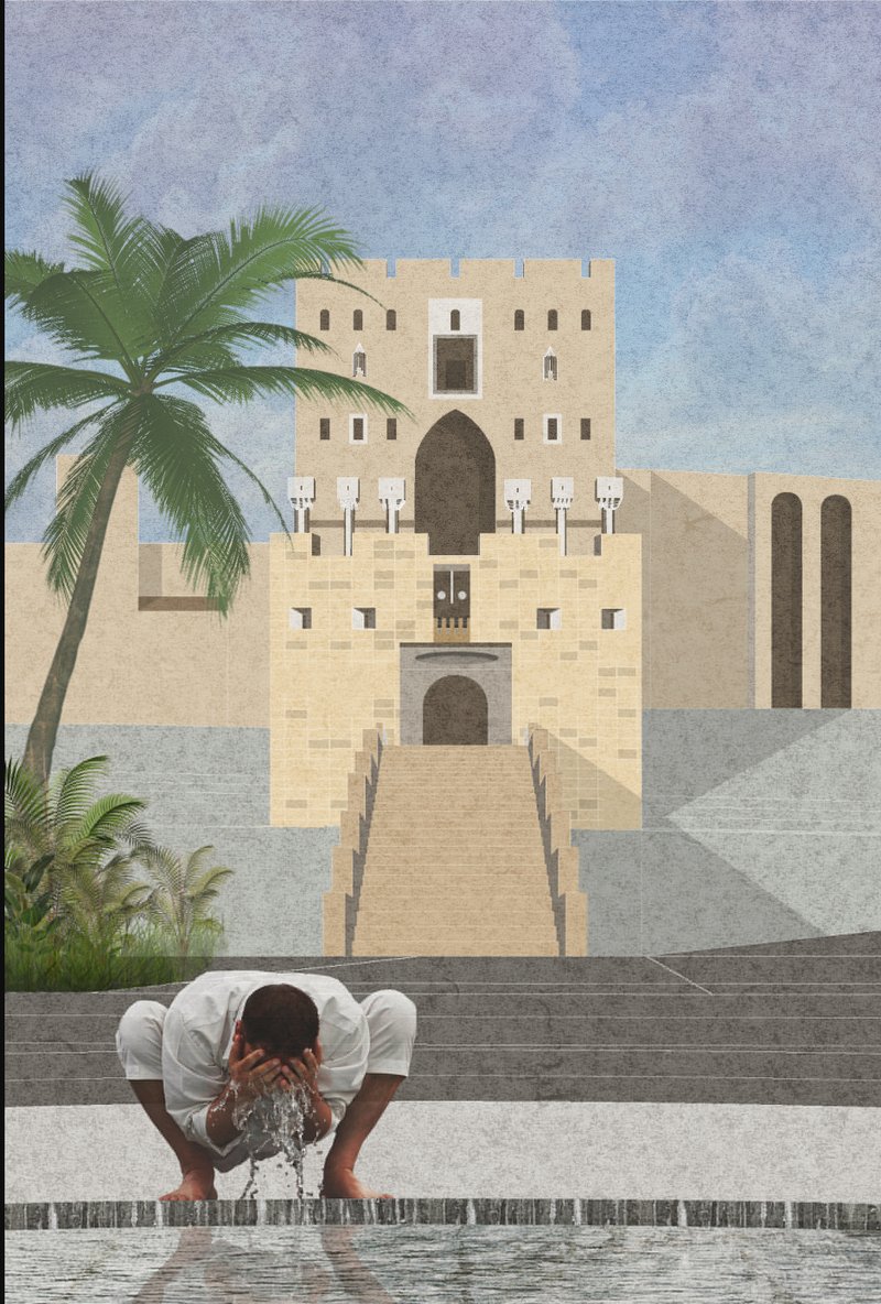 A modern interpretation of ritual cleansing at the historic bathhouse site—where reflection and restoration meet.