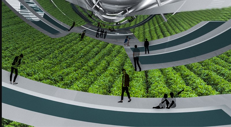 A lush cylindrical farm enables sustainable food production in space, integrating nature within artificial gravity environments.