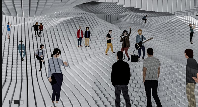 Dynamic terrain reshapes to form gathering spaces, fostering creativity, performance, and social bonding in a zero-gravity habitat.