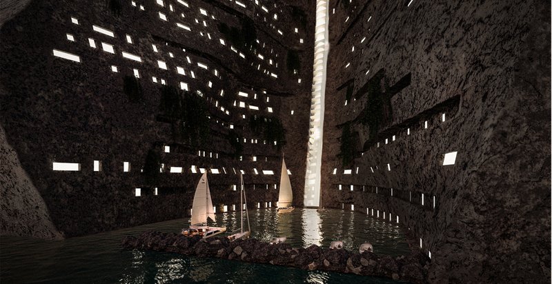 Boats dock beneath the towering cliff walls, where light spills from windows carved into volcanic stone.