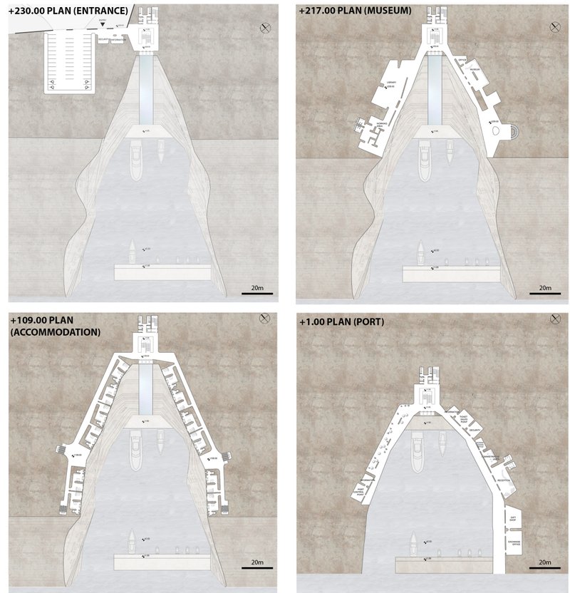 From entrance to museum, accommodation to port—each level is etched into the natural rock, forming a functional vertical community.