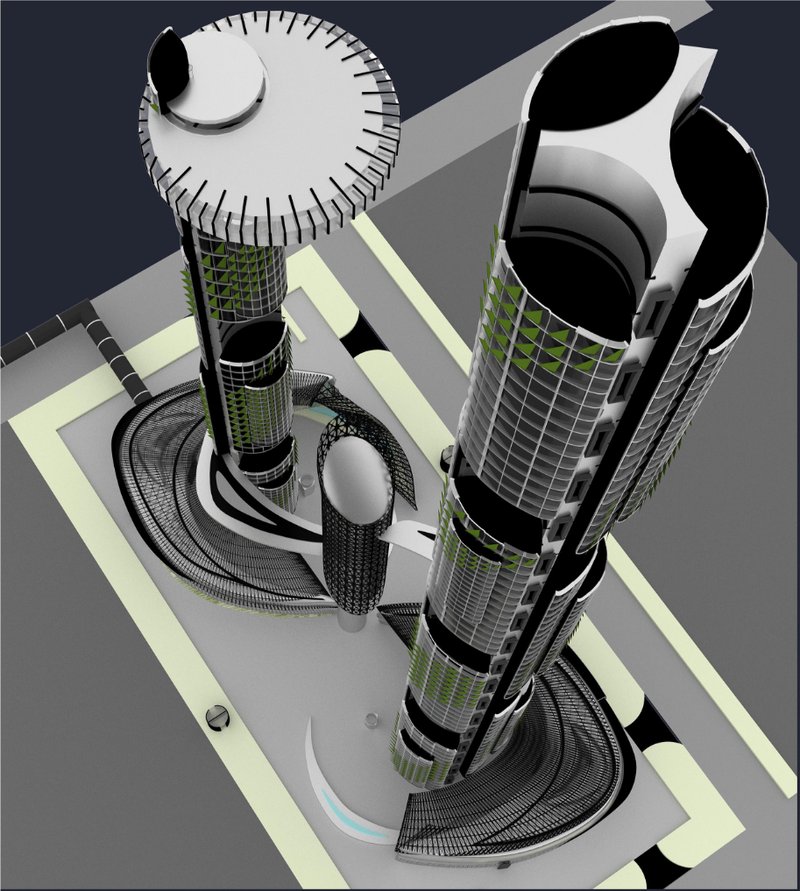 A conceptual render of the twin hybrid towers showcasing vertical density, green facades, and dynamic urban layering.