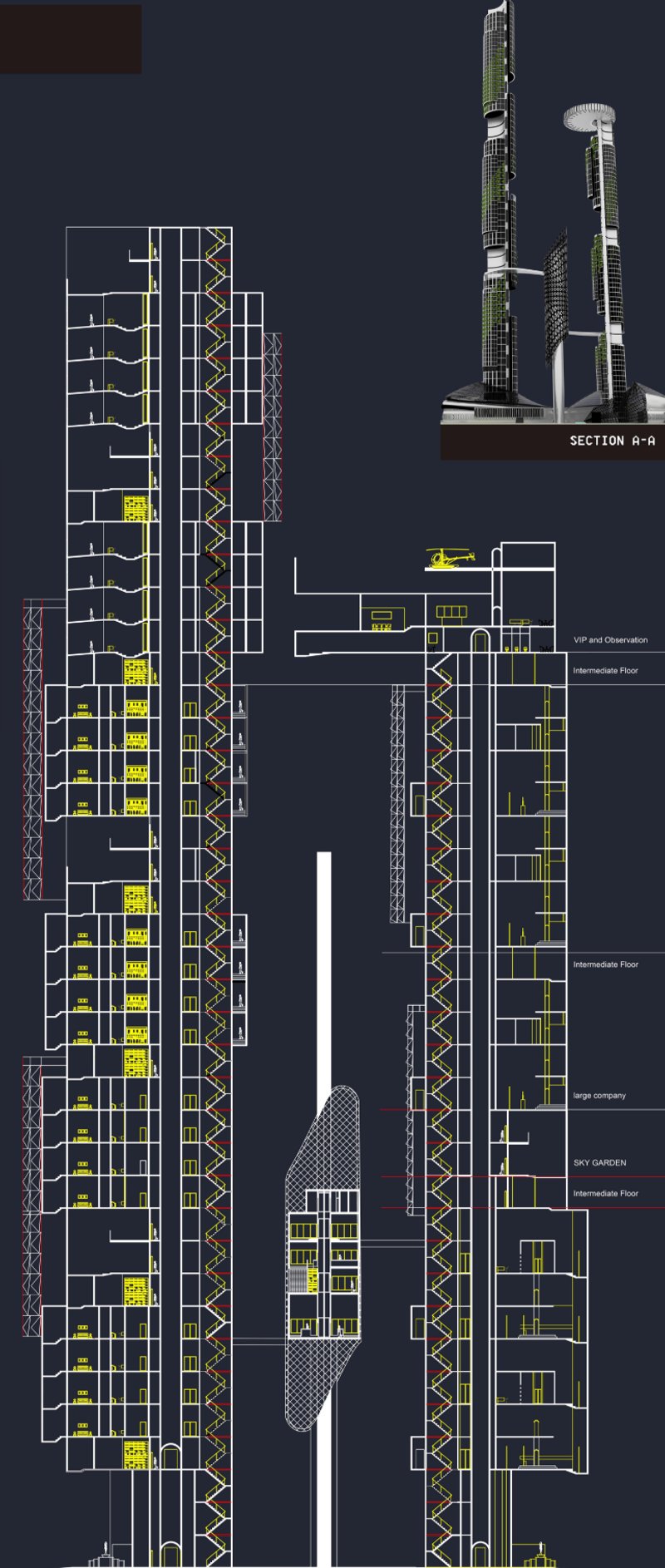 Detailed vertical section highlighting functional zoning, circulation systems, and intermediate interaction spaces.