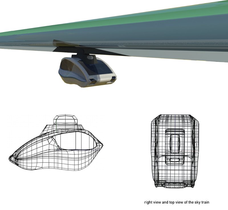 Concept rendering and wireframe views of the high-speed transit pod designed for the desert habitat.