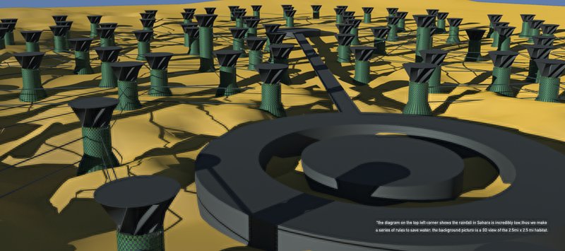 Aerial view of the extended modular network—scalable living units across the desert terrain.