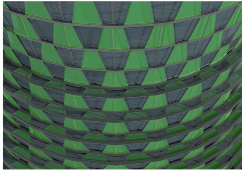 Façade close-up displaying bio-reactive panels generating energy through microalgae.