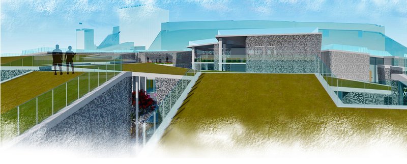 Landscaped rooftops merge with pathways to create healing green corridors above fragmented architecture.