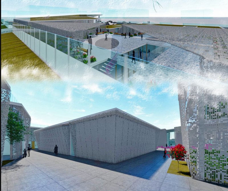 A central plaza and sunken spaces create layered circulation and collective gathering zones.