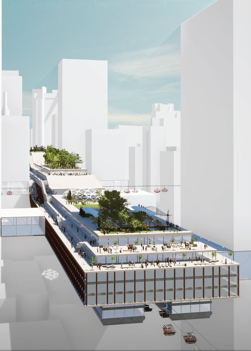 Aerial view of the AGORA Platform showcasing multi-level public zones, greenery, and integrated transit systems.