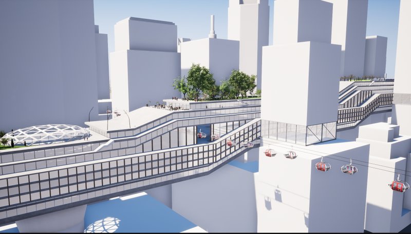 Curved connections link the elevated AGORA Platform with the cityscape, activating new pedestrian and mobility pathways.