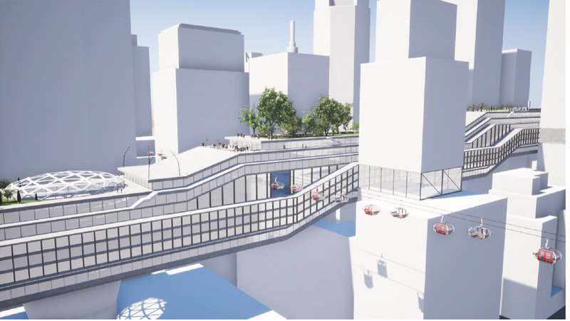 Detail of horizontal integration with cable cars and elevated walkways enhancing intermodal connectivity in dense urban fabric.