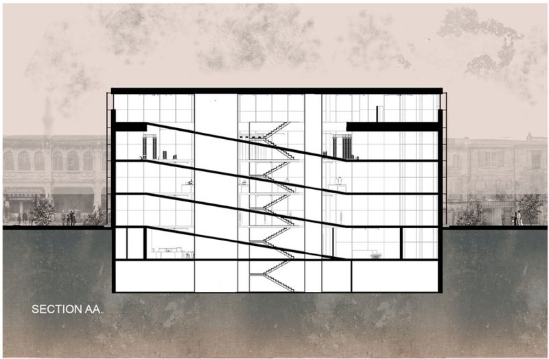 Section drawing showing the diagonal staircase cutting through four levels of the building