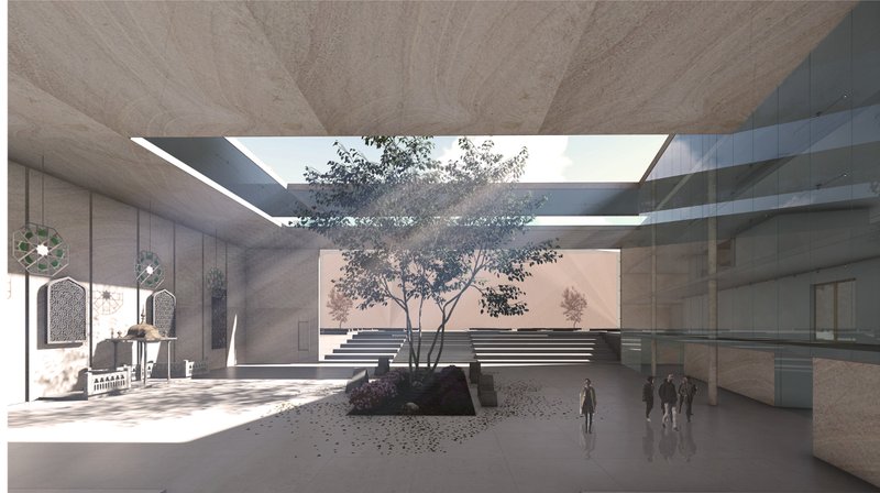 Interior courtyard with a central tree beneath a large concrete roof opening and figures in dappled sunlight
