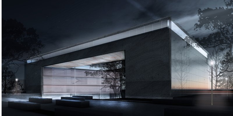 Night view of the glazed facade framing an interior tree beneath a floating concrete canopy