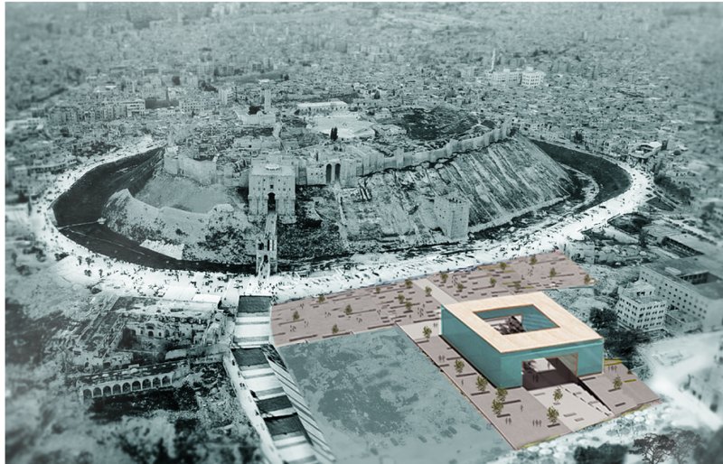 Aerial view showing the proposed quadrangular volumes adjacent to a circular historic citadel