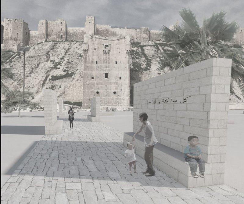 View of the Citadel framed by stone pathways and memory walls, activating Aleppo’s layered heritage.