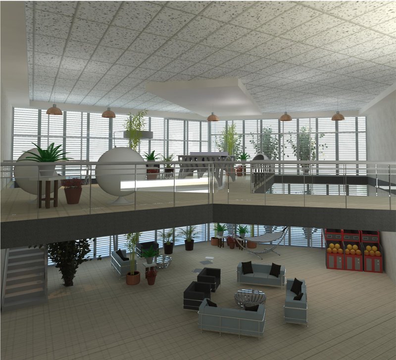 A bi-level lounge filled with natural light and greenery promotes informal meetings, remote work, and relaxation in an adaptable indoor setting.