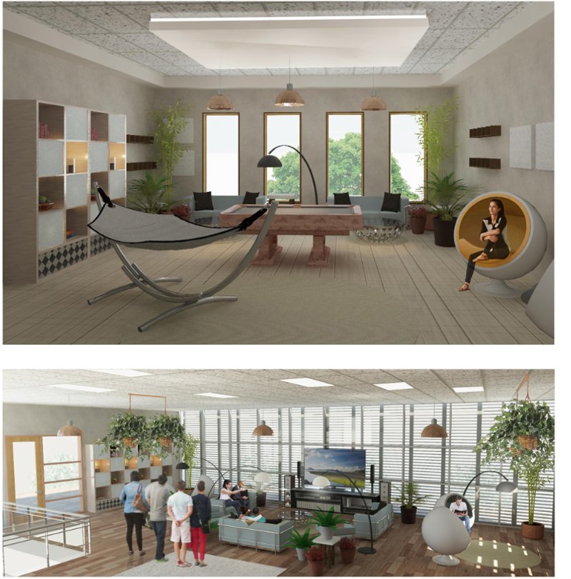 Comfortable interiors with hammocks and gaming areas invite users to unwind, enhancing the project's human-centric approach to leisure.