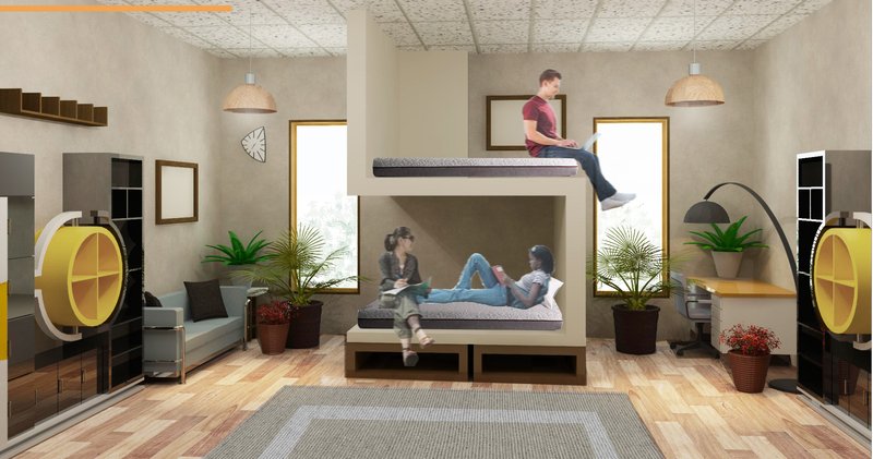 A compact yet inviting dorm-style room with built-in beds and personal workspace highlights sustainable living through spatial efficiency.