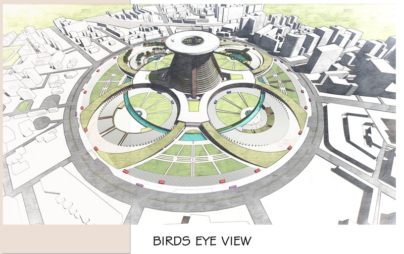 Aerial rendering showing a circular plaza with radiating pathways, green lawns, and a central tower surrounded by urban context