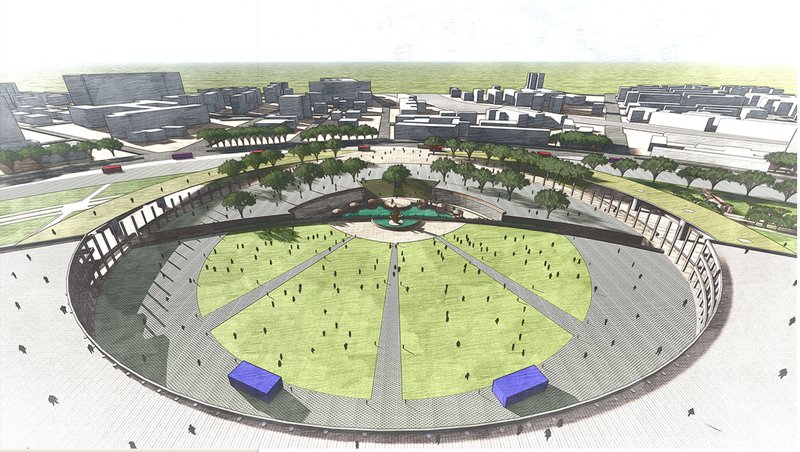 Eye-level rendering of the circular public plaza with curved amphitheater seating, lawns, and people gathering under open sky