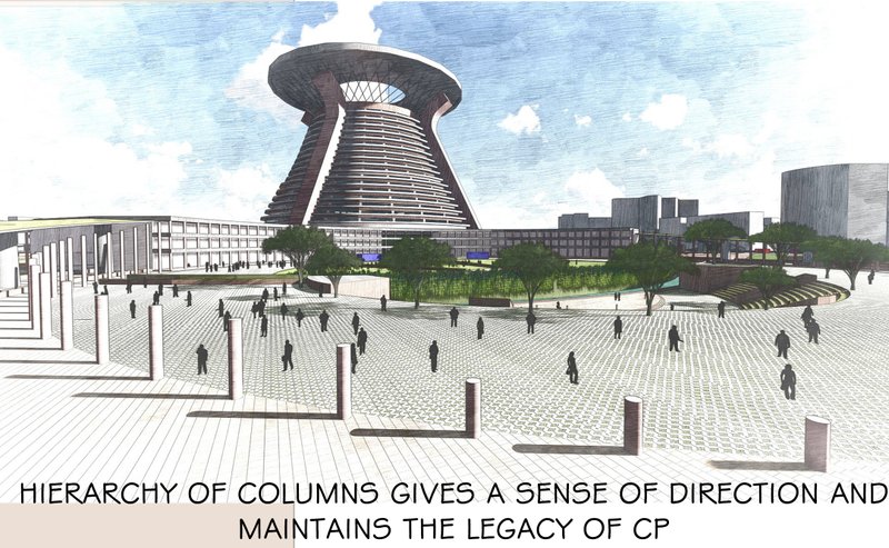 Perspective rendering of the spiraling tower rising above a public plaza with columns, trees, and pedestrians under blue sky