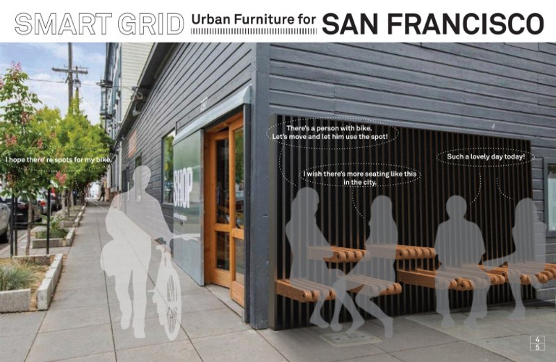 Modular seating adapts to social interaction and street dynamics, providing flexible rest options along the sidewalk.
