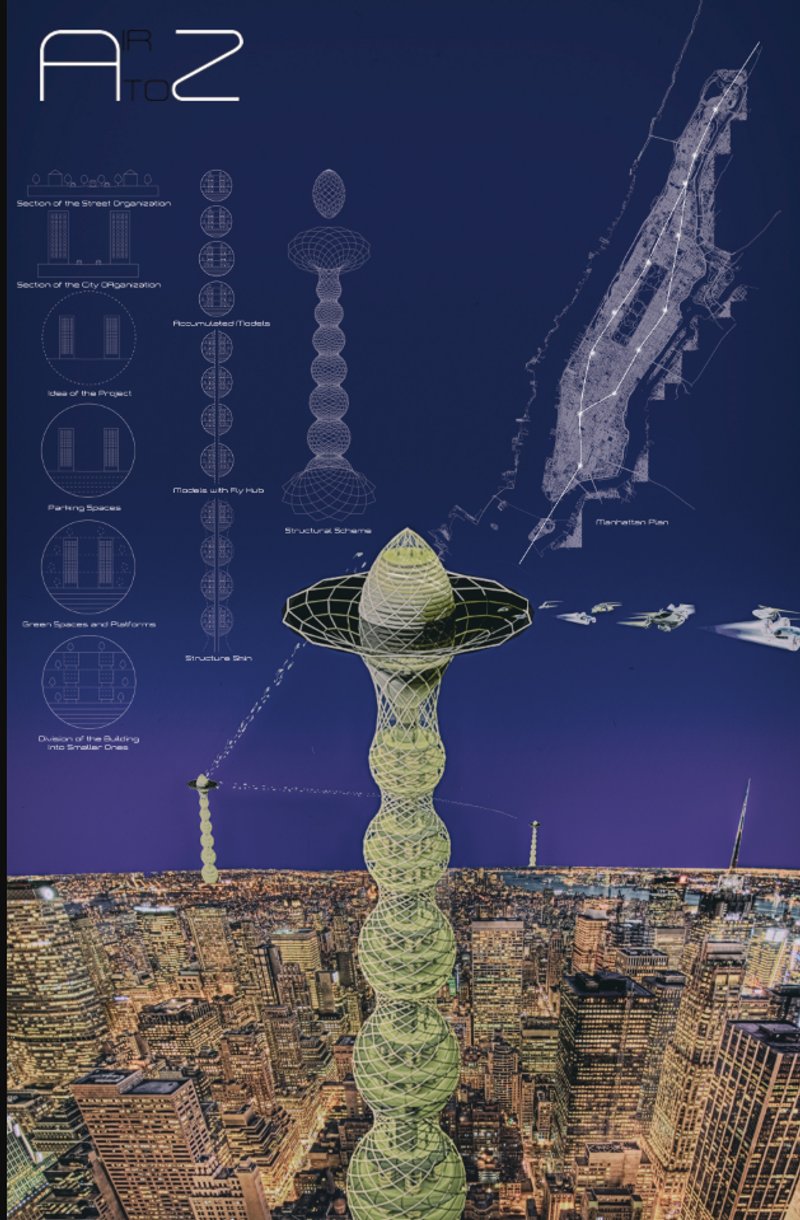 Illuminated view of Air TO Z with structural logic, aerial routes, and integration into Manhattan's master plan.