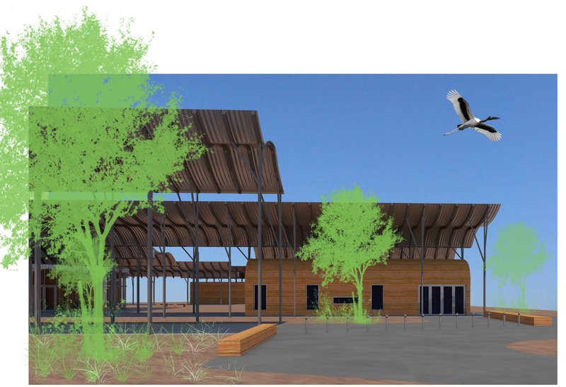 The fluid canopy defines open gathering zones, merging indoor-outdoor thresholds with soft landscape integration.