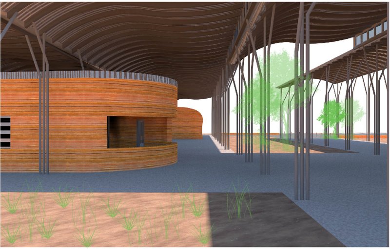Rammed earth curves and slender columns articulate a sheltered yet permeable space for rest and interaction.