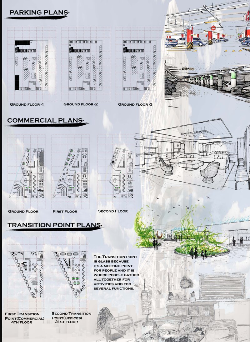 Efficiently zoned underground parking and vibrant commercial layouts support the base of the vertical community.